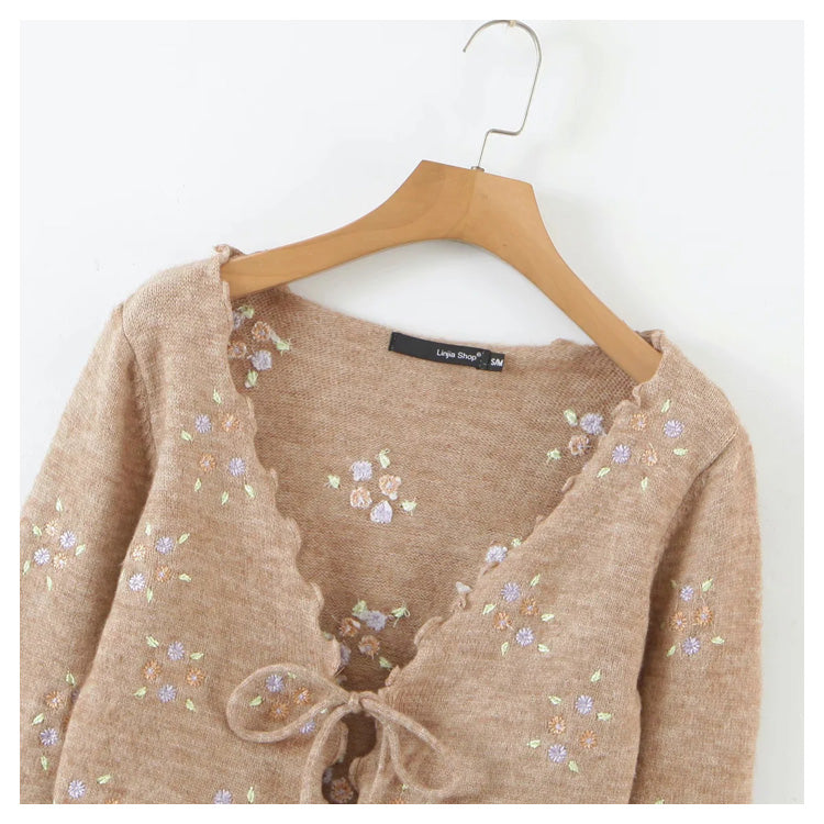 French retro fungus edge embroidered floret lace up slim knit cardigan top  7258