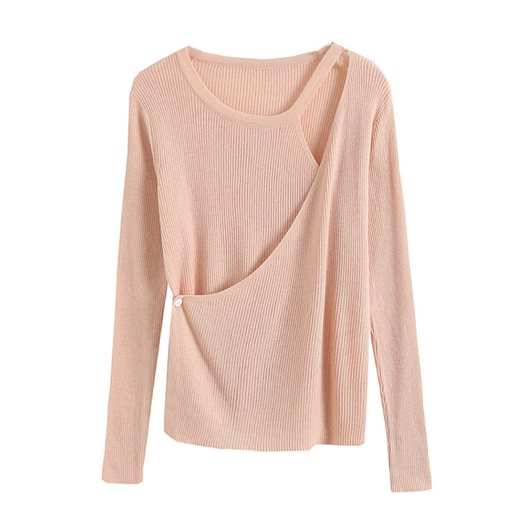 Design sense irregular knit shirt female autumn slim fit pure color bottomed shirt  7267