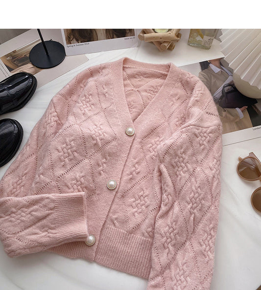 Haut à manches longues et col en V avec boutons en perles rétro français doux 6051