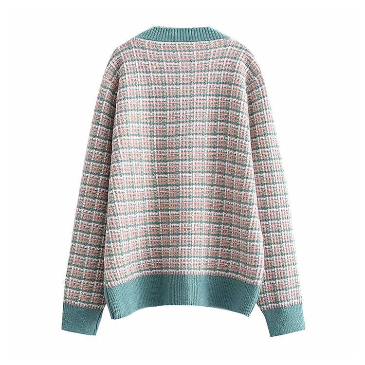 Cardigan tricoté français xiaoxiangfeng col en V pull ample à carreaux 7361