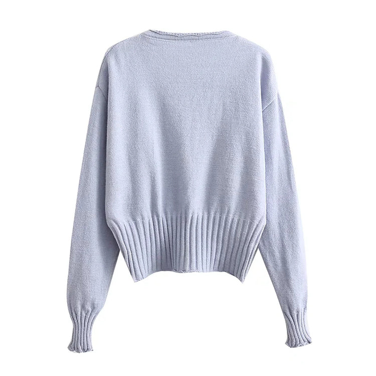 Manteau cardigan court en tricot à manches longues et col en V brodé 7402