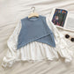 Solid color cross stitched bubble sleeve fake two niche shirts women  6245