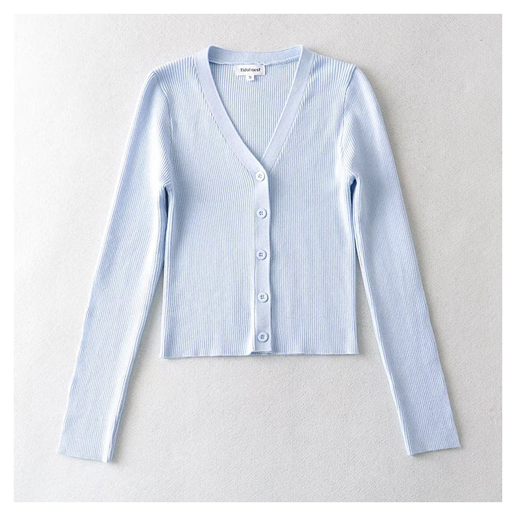 Cardigan en tricot à col en V, simple boutonnage, taille haute, nombril ouvert 7385