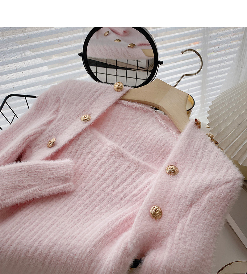 Wool sweater slim fit short small square neck double row button top  6603