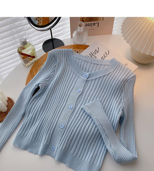 Cardigan tricoté à manches longues et col rond, version coréenne, polyvalent, couleur unie, 6550