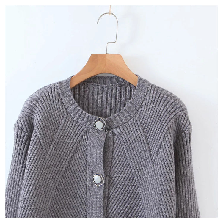 Irregular button round neck long sleeve knitted cardigan sweater  7358