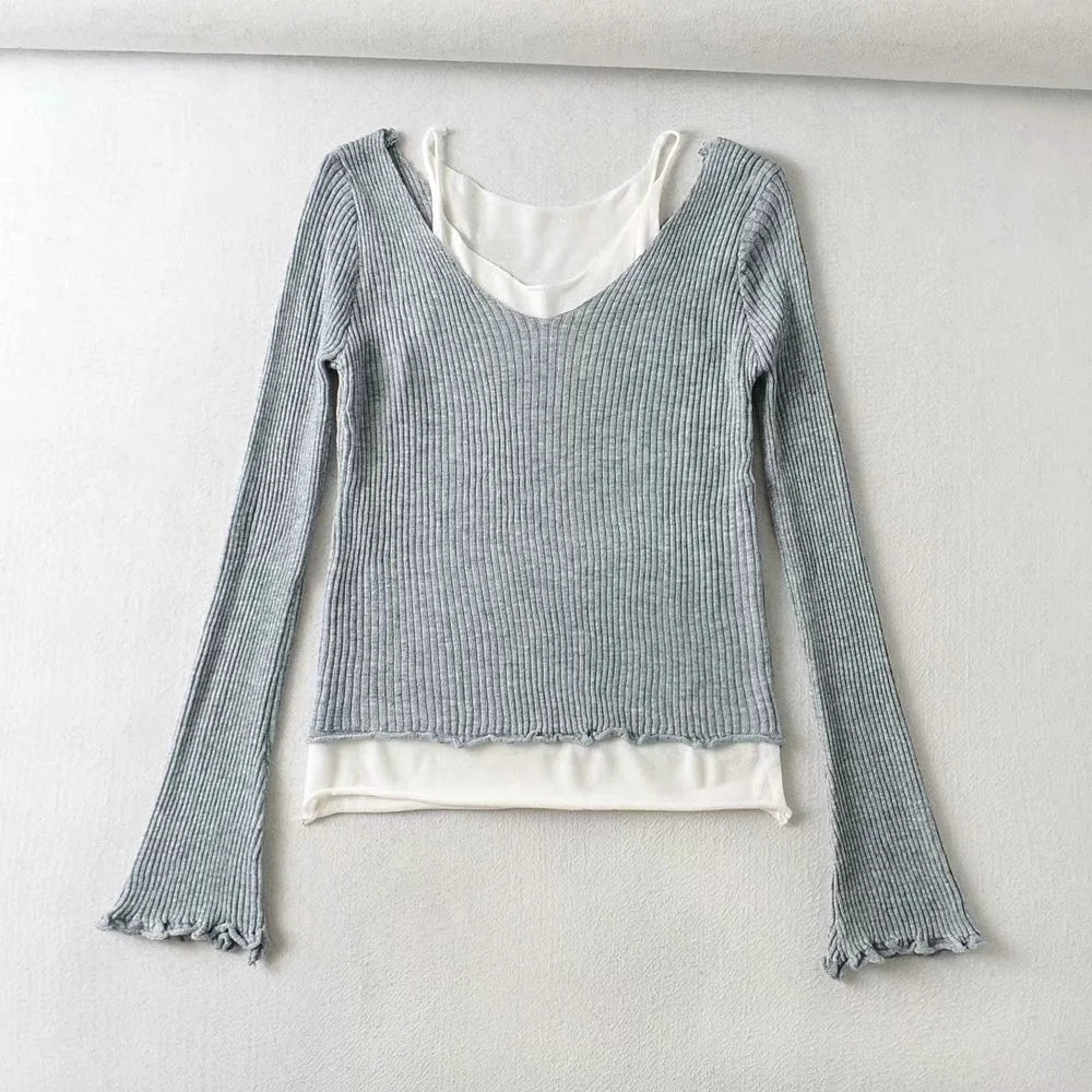 Design sense versatile fake two off shoulder contrast slim fit knitwear  7386