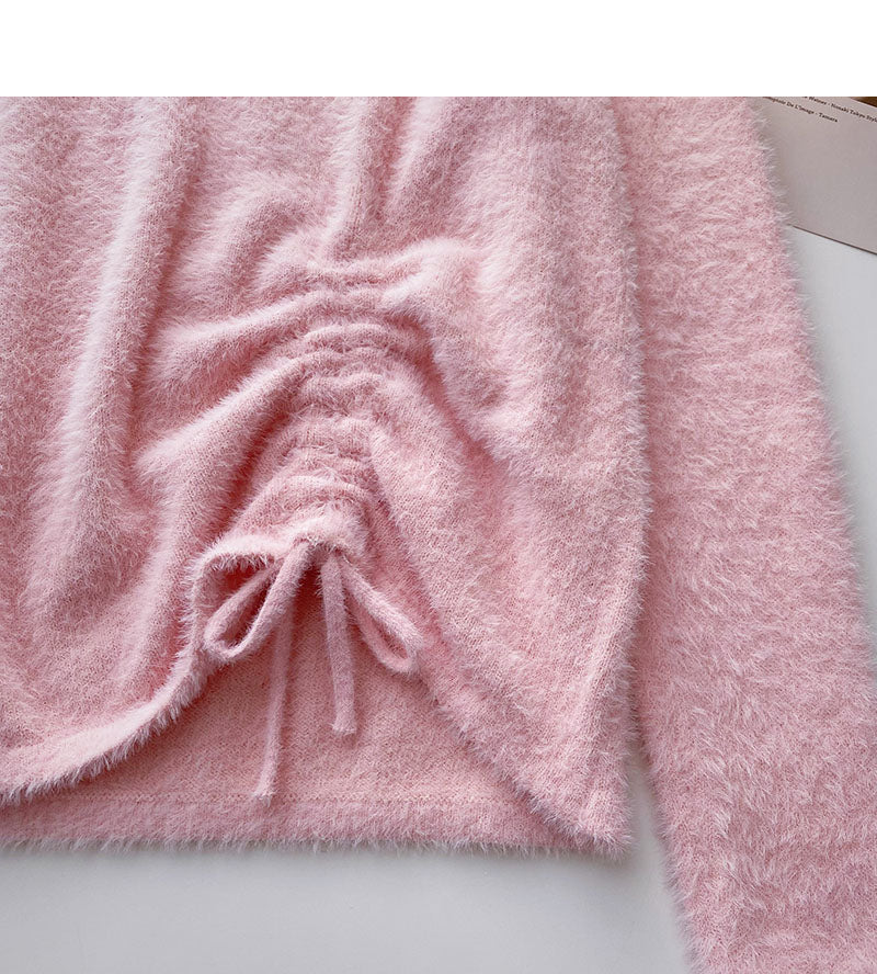 Imitation mink sweater niche V-neck drawstring slim top  6577