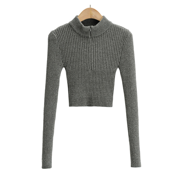 Solid color half high neck zipper design sweater  7332