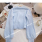 Korean version lazy wind gentle foreign style solid color bow V-neck top  6058