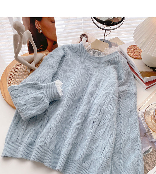 Pull à manches longues avec bordure en dentelle vintage haut ample et fin 6094