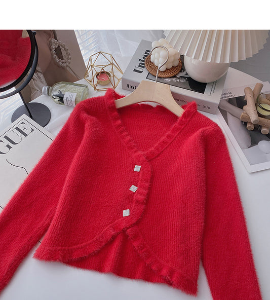 Cardigan court slim à col en V au tempérament rétro doux 6153