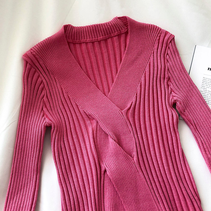Pull slim à manches longues et col en V pour femme, coupe ajustée, filet rouge, 6501