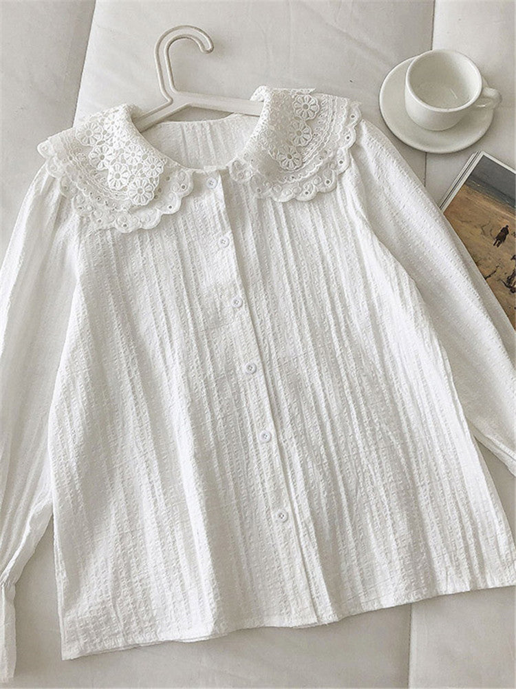 Female Crocheted hollow out baby collar breasted cotton linen shirt  6250