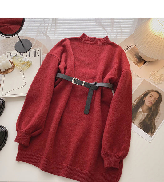 Haut jupe à manches longues rétro de style coréen de Hong Kong avec ceinture 5971
