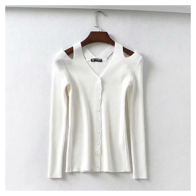 Vielseitige undichte Schulter V-Ausschnitt Langarm Pullover Cardigan Top 7273