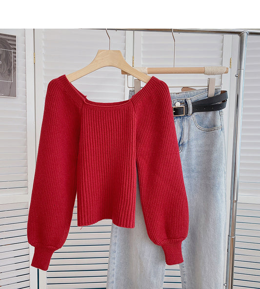 Le pull à col carré à manches lanternes vintage est fin et à la mode 6162