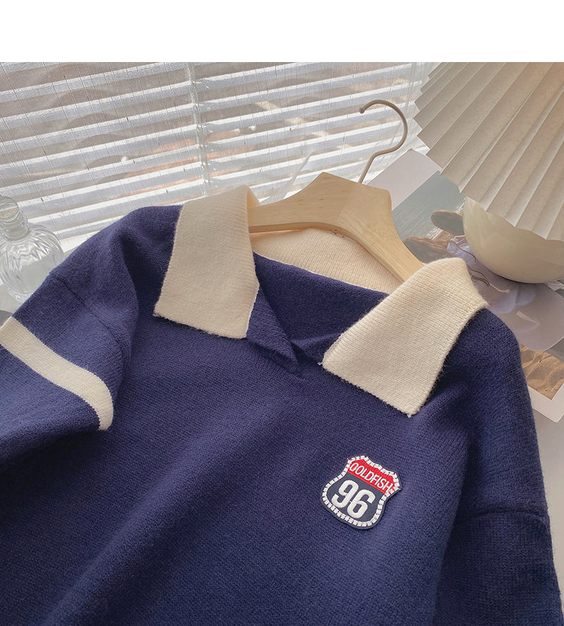 Slim and age reducing color matching Lapel Pullover long sleeve top  5912