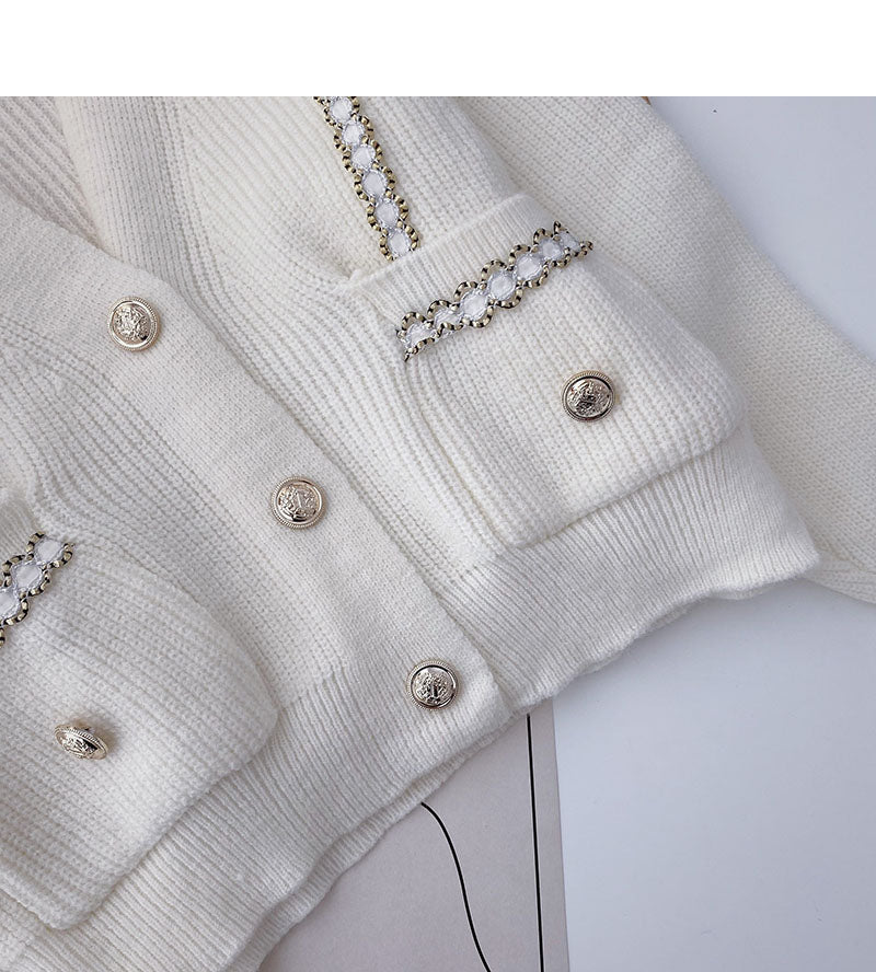 Double pocket V-Neck long sleeve small fragrance knitted cardigan  5905