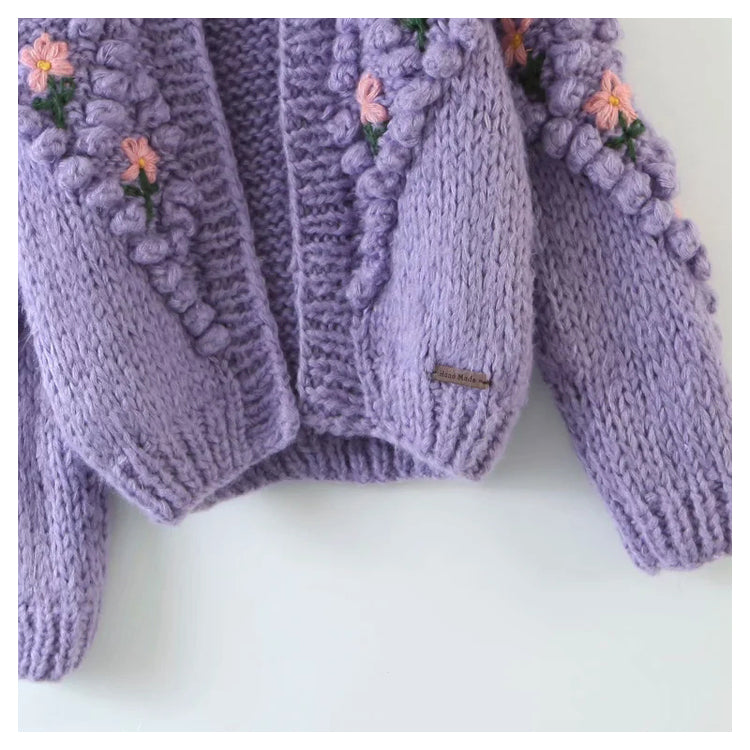 Three dimensional flower hook woven lantern sleeve cardigan sweater coat  7379