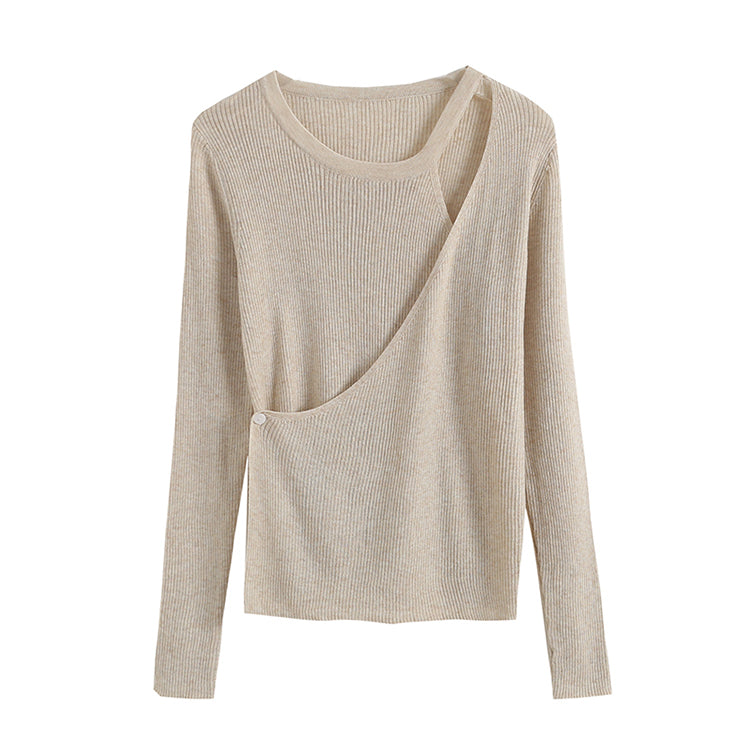 Design sense irregular knit shirt female autumn slim fit pure color bottomed shirt  7267