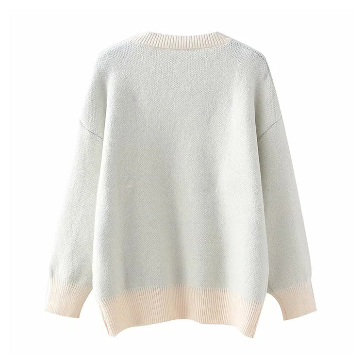 Three dimensional flower round neck Pullover knitted sweater lazy loose top  7388