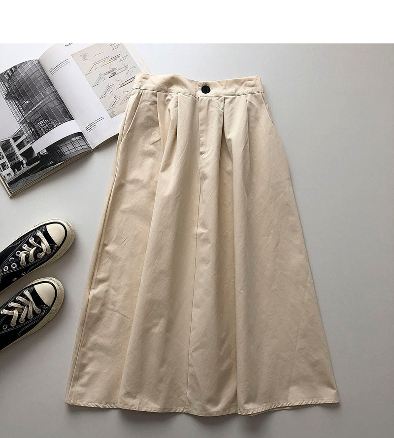 Solider Freizeitrock im Hongkong-Stil mit hoher Taille A-förmiger mittlerer und langer Rock 5693