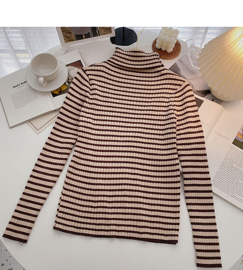 Beliebter Pullover 6652 mit Stehkragen, gestreiftem Boden und langen Ärmeln