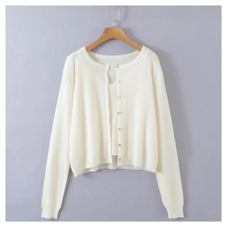 V-neck suspender T-shirt button long sleeve cardigan two piece set  7275