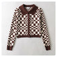 Checkerboard Plaid Polo neck sweater short sweater cardigan jacket  7357