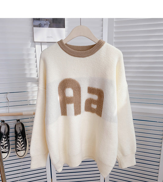 Pull col rond contrasté jacquard flocage lettre 6173