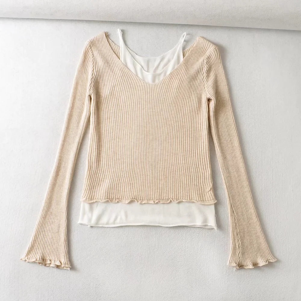Design sense versatile fake two off shoulder contrast slim fit knitwear  7386