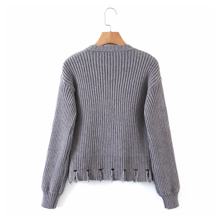 Irregular button round neck long sleeve knitted cardigan sweater  7358