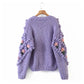 Three dimensional flower hook woven lantern sleeve cardigan sweater coat  7320