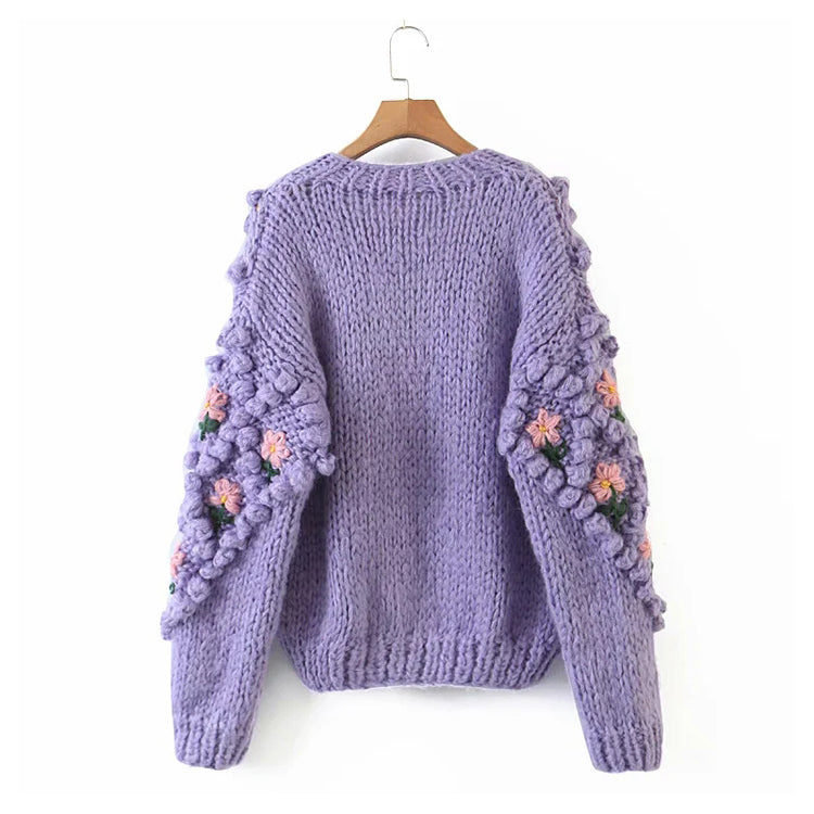 Three dimensional flower hook woven lantern sleeve cardigan sweater coat  7320
