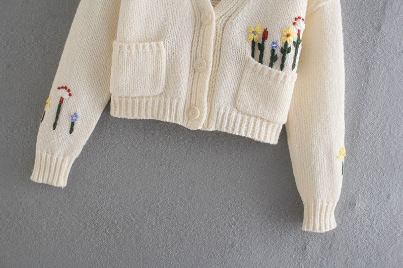 French sweet V-Neck long sleeve flower jacquard sweater knitted coat  7355