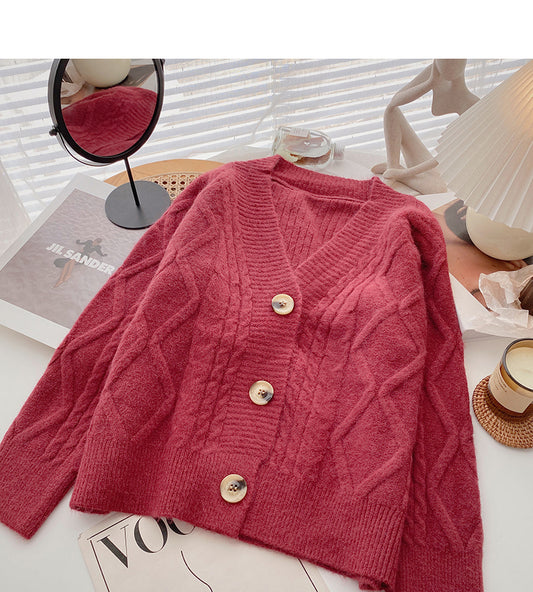 Manteau pull ample à col en V vintage à simple boutonnage 6171