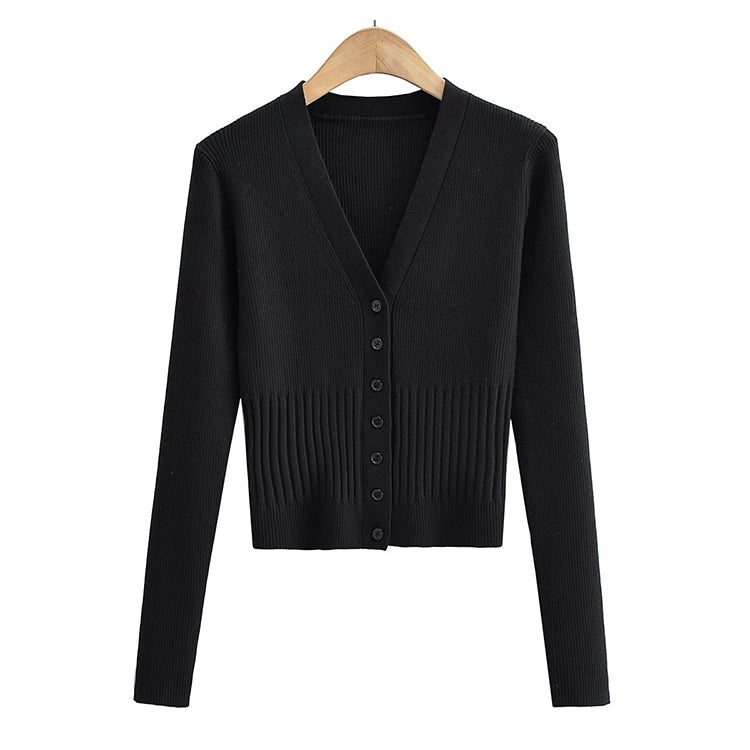 V-neck knitted cardigan slim single breasted short sweater coat  7451