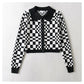 Checkerboard Plaid Polo neck sweater short sweater cardigan jacket  7357