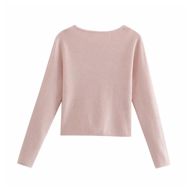French V-neck lace contrast slim fit short knit sweater  7263