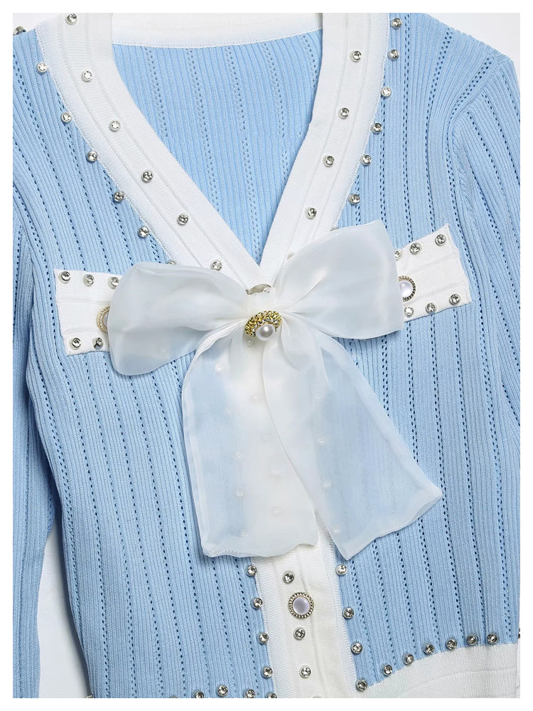 Xiaoxiangfeng V-neck heavy industry rivet bow knit cardigan  7294