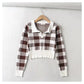 Vintage chessboard Plaid Polo neck T-shirt  7394