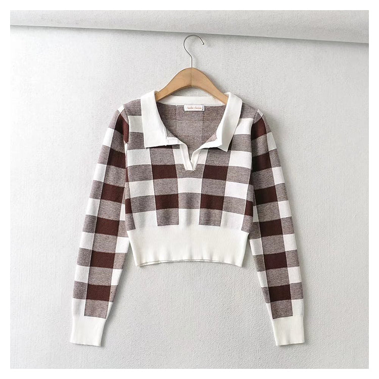 Vintage chessboard Plaid Polo neck T-shirt  7394