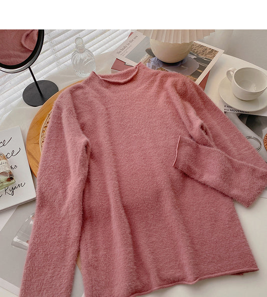 Pull coréen polyvalent à col mi-haut et bas de couleur bonbon 6557