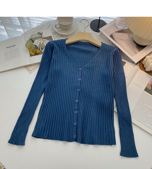 Cardigan tricoté à la mode pour femme, haut polyvalent à manches longues et col en V 6558