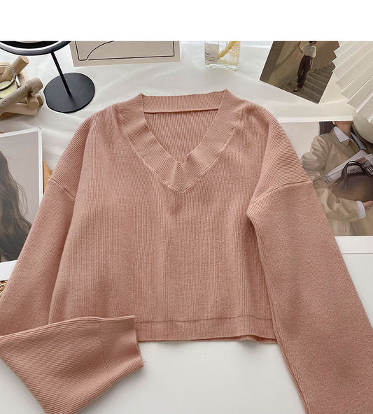 Pull en tricot paresseux à col en V uni 6677
