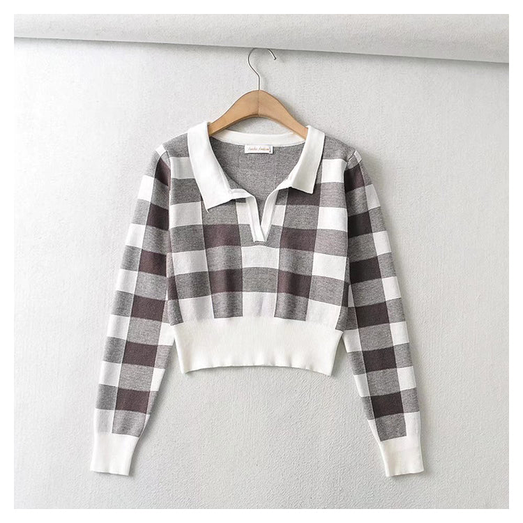 Vintage chessboard Plaid Polo neck T-shirt  7394