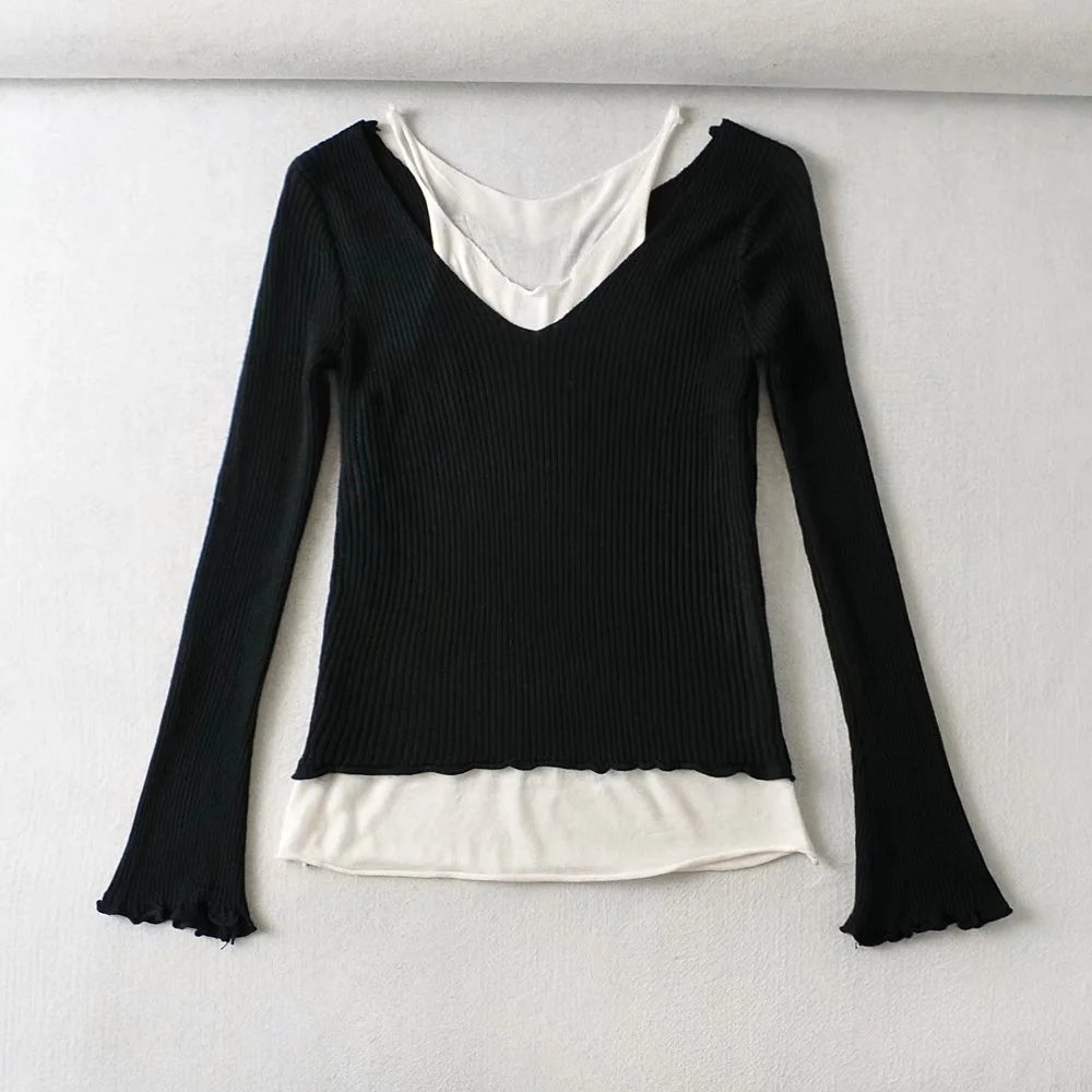 Design sense versatile fake two off shoulder contrast slim fit knitwear  7386
