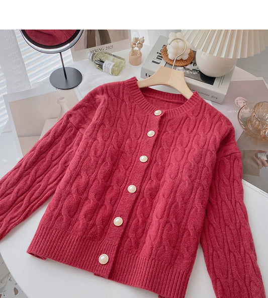 Manteau pull torsadé uni à col ras du cou et boutonnage simple 6175
