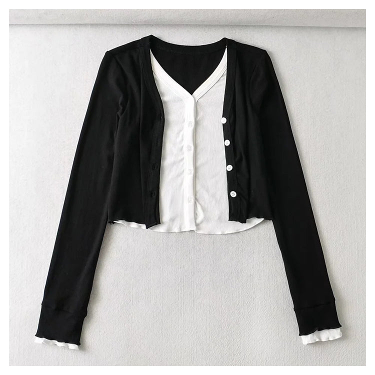 V-neck stretch slim short knit cardigan  7387